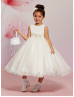 Ivory Satin Tulle Tea Length Curly Hem Flower Girl Dress Wedding Party Dress